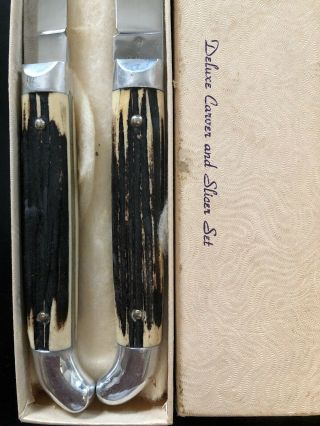 Vintage Queen Cutlery Co.  Deluxe Carver & Slicer Set Bone Antler Handles Knife 2