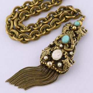 Vtg Victorian Revival Mesh Tassel Shell Cameo Peking Glass Pendant Necklace