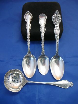 Antique Sterling Silver Powdered Sugar Sifter Spoon & 925 Teaspoon Group