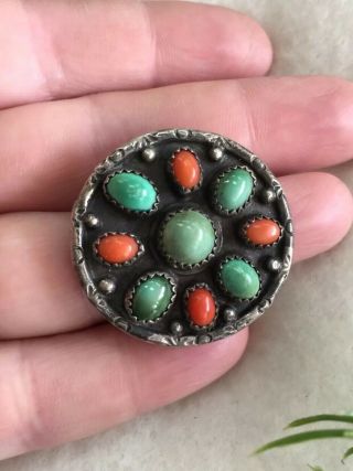 Traditional Vintage Zuni Old Pawn Coral Turquoise Sterling Ring Signed Size 8.  5
