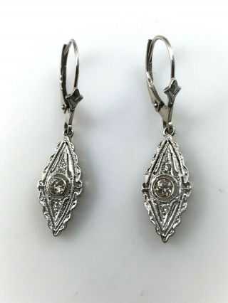 Vintage 14k White Gold Filigree Art Deco Style Drop Diamond Earrings