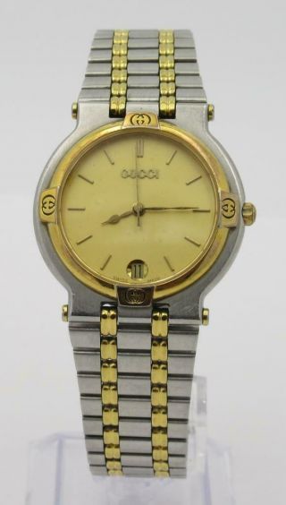 Vintage Mens Gucci Two Tone Classic 9000 M Swiss Quartz Date Watch