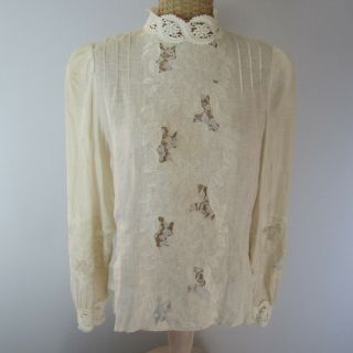 Vtg Cloak Of Many Colors Womens 10 Ivory Ls Linen Shirt Lace Embroidery