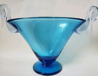Vtg Gundersen Pairpoint Swan Vase Marina Blue Clear Handles Blown Art Glass Mcm