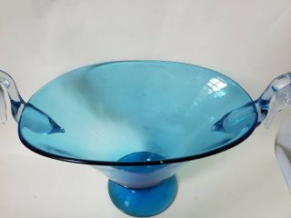 VTG Gundersen Pairpoint Swan Vase Marina Blue Clear Handles blown art glass mcm 3