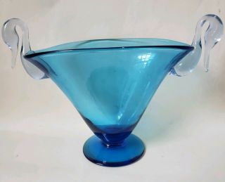 VTG Gundersen Pairpoint Swan Vase Marina Blue Clear Handles blown art glass mcm 4