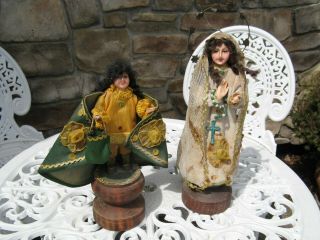 Antique Vintage Santo Nino & Mary Christian Religious Statue S Wood Bases
