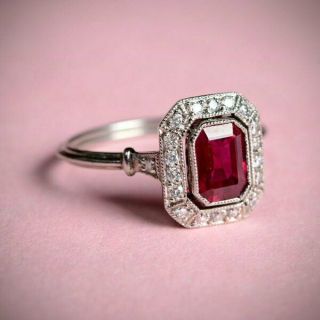 Art Deco 2ct Red Emerald Cut Diamond 925 Sterling Silver Wedding Engagement Ring