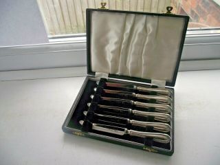 1950 STERLING SILVER HALLMARKED HANDLE SET OF 6 CAKE DESSERT KNIVES CASED 2