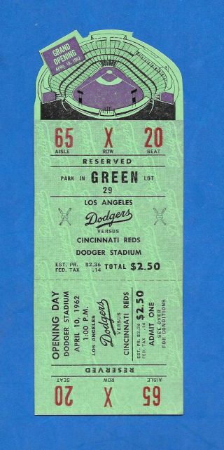 Rare Vintage L.  A.  Dodgers Stadium Grand Opening April 10,  1962 Full Ticket