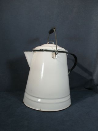 Enamel Coffee Pot Vintage White Black Trim Large Kettle Camping Cottage Decor
