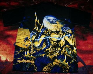Vintage IRON MAIDEN LIVE AFTER DEATH LP CD Art Dragonfly Button Dress Shirt Sz L 6