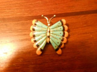 Stunning Vintage Large Sterling Silver Turquoise & Coral Butterfly Pin Pendant