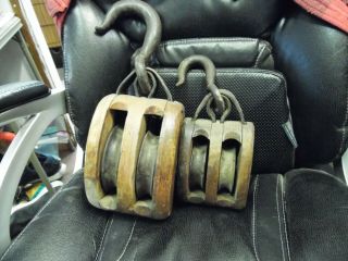 Pair Vintage Or Antique Block & Tackle Or Pulleys Wood And Iron W/ Hooks Rustic