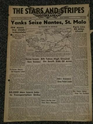 Wwii Stars And Stripes Newspaper Dated August 11,  1944 Fdr Meets War Chiefs