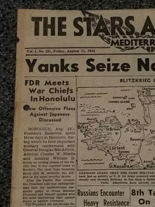 WWII Stars and Stripes Newspaper Dated August 11,  1944 FDR Meets War Chiefs 2