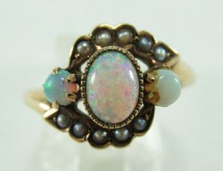 10k Yellow Gold Fiery Opal & Seed Pearl Ring Size 4 3/4 Victorian