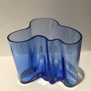 Vintage Ittala Signed Alvar Aalto Cobalt Blue Glass Vase Medium Mcm