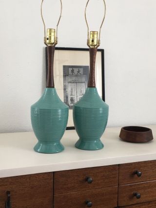 Vintage Blue Ceramic Table Lamp Pair Mid Cen Modern 60s Turquoise Teal And Wood