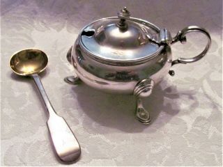 Antique English Sterling Silver Mustard Pot,  W/cobalt Liner & Sterling Spoon