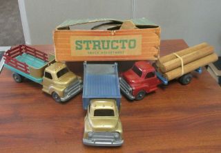 Rare Vintage Structo 92 Pressed Steel 3 Truck Assortment Set W/orig Box