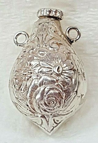 Vintage Sterling Silver Hand - Chased Perfume Bottle Pendant -