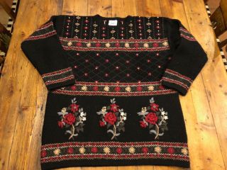 Laura Ashley Vintage Black Wool Rose Bouquet Embroidered Sweater - Size Small