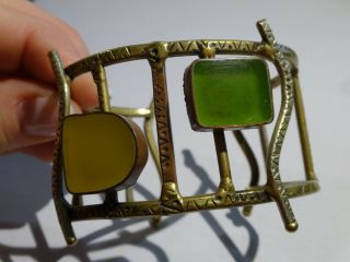 Vintage Mid Century Modernist Brass Glass Set Brutalist Cuff Bracelet