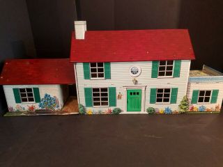 Vintage Lighted Marx Tin Metal Litho Colonial Dollhouse Deck Rec Room Furniture