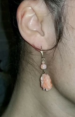 Vintage 14k Gold Natural Peach Pink Coral Rose Carved 2 " Drop Earrings