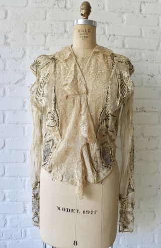 1910s Mesh Net Embroidered Bullion Blouse Top Edwardian Hair Old 1920s