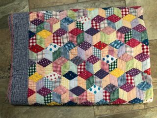 Vintage 40s - 50s Feed Sack Hand Stitched Quilt Blanket Shifting Cubes Squares