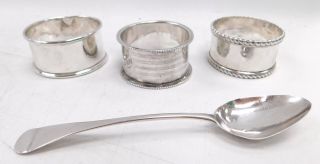 3x Solid Silver Birmingham,  1920s Napkin Rings & 1x London,  1821 Teaspoon - R12