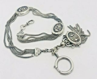 Antique French Silver Pocket Watch Chain Sliding Anchor Tassel Unusual Nautical