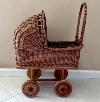 Vintage Wicker/rattan Baby Doll Carriage Stroller Wooden Wood