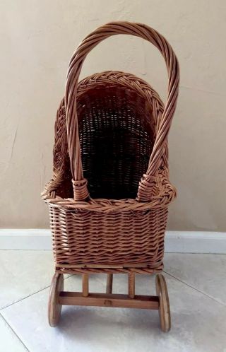 Vintage Wicker/Rattan Baby Doll Carriage Stroller Wooden Wood 2