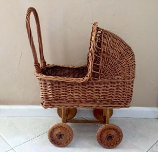Vintage Wicker/Rattan Baby Doll Carriage Stroller Wooden Wood 3