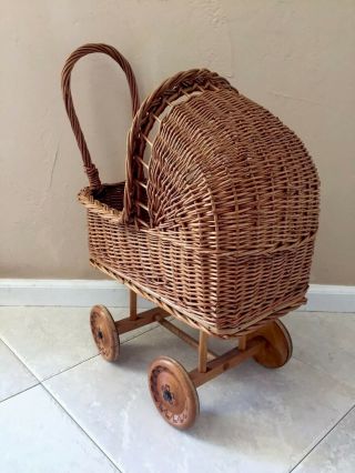 Vintage Wicker/Rattan Baby Doll Carriage Stroller Wooden Wood 4