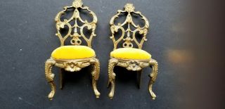 Antique Dollhouse Miniature Cast Bronze Gilt Metal Set 2 Chairs Up.  In Gold