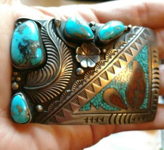 Vintage Native American Signed Rb Sterling Silver & Turquoise Coral Belt Buckle
