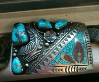 Vintage Native American signed rb sterling silver & Turquoise coral belt buckle 2