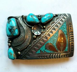 Vintage Native American signed rb sterling silver & Turquoise coral belt buckle 3