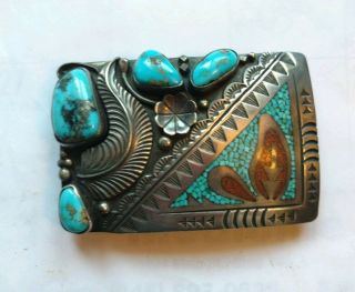 Vintage Native American signed rb sterling silver & Turquoise coral belt buckle 4