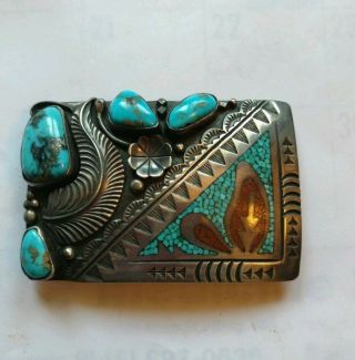 Vintage Native American signed rb sterling silver & Turquoise coral belt buckle 5