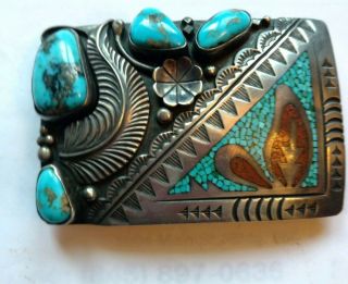 Vintage Native American signed rb sterling silver & Turquoise coral belt buckle 8