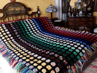 Vintage Crochet Bedspread Blanket Hand Crocheted Throw Wool Knit Quilt Afghan