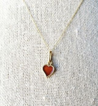 Vintage Italian 14k Gold Guilloche Red Green Enamel Heart Necklace Pendant Mom