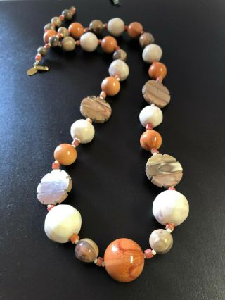 Vintage Miriam Haskell Necklace Red Coral Wood Beads Brown Tan White Long Strand