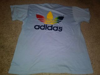 Rare Vtg Adidas Rainbow T - Shirt L Men Track Sport 70s Usa 50/50 Trifoil Trefoil