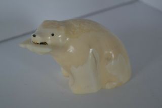 Vintage Carved Stone Bear With Fish Signed Duawe Inuit ? Eskimo ?
